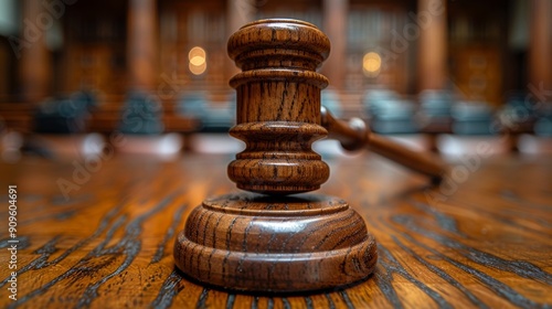 Majestic Wooden Gavel Resting on a Polished Table Inside a Grand Courtroom