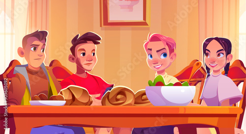 Teenager friends sitting at dinner table with salad in bowl and fresh baked croissant pastries in home room interior. Cartoon vector illustration of teen boys and girl having breakfast or lunch.