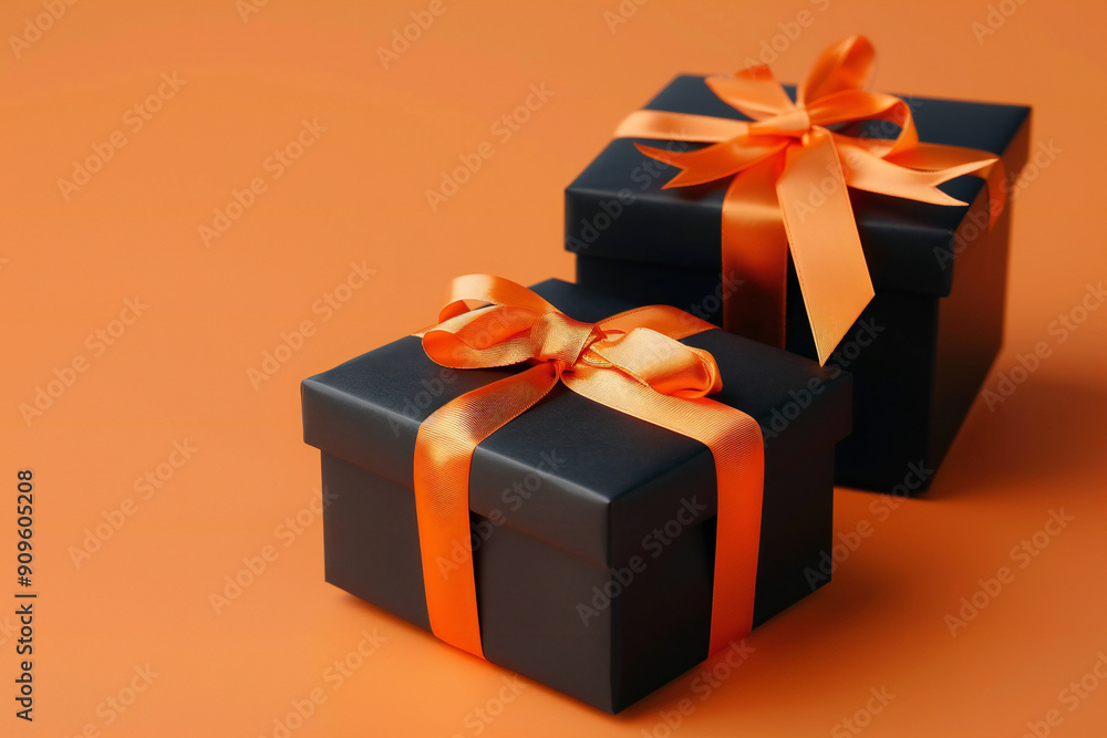 Elegant Black Gift Boxes with Orange Ribbons Creating a Festive and Stylish Holiday Display Elegant Black Gift Boxes with Orange Ribbons Creating a Festive and Stylish Holiday Display