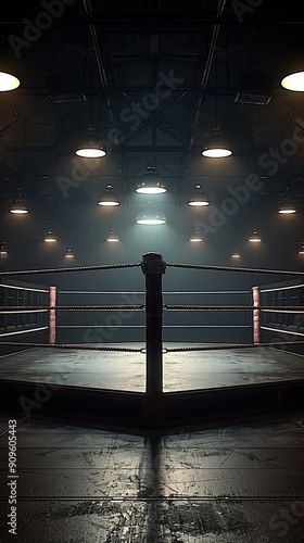 Empty Boxing Ring with Dim Lighting and a Ceiling of Lights photo