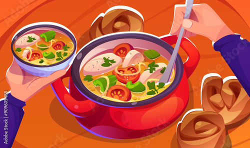 Male hands pour fresh cooked soup from pan into bowl. Top view on wooden table with liquid dish in pot with broth, tomato and celery, egg and herbs, baked buns or bread on tabletop. Cartoon vector.