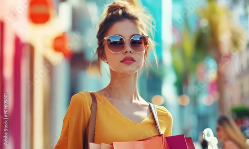 Fashionable City Stroll: A stylish woman in sunglasses and a yellow top confidently walks through a vibrant city, her shopping bags trailing behind. A sense of carefree urban exploration.  