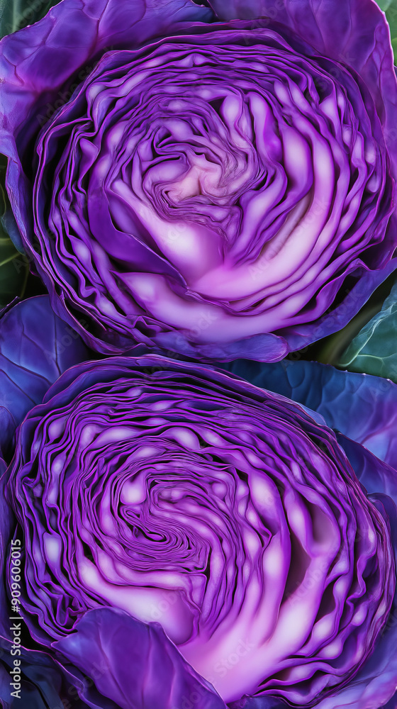 Obraz premium Closeup of two purple cabbages, abstract pattern. Fresh vegetables and organic food concept