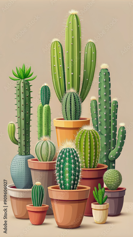 set of cacti in the pots on light colored background, succulent, houseplant, gardening, spines, illustration, cactus, botany, home interior, botanical, greenery, flowerpot, spiked, variety set of cacti in the pots on light colored background, succulent, houseplant, gardening, spines, illustration, cactus, botany, home interior, botanical, greenery, flowerpot, spiked, variety