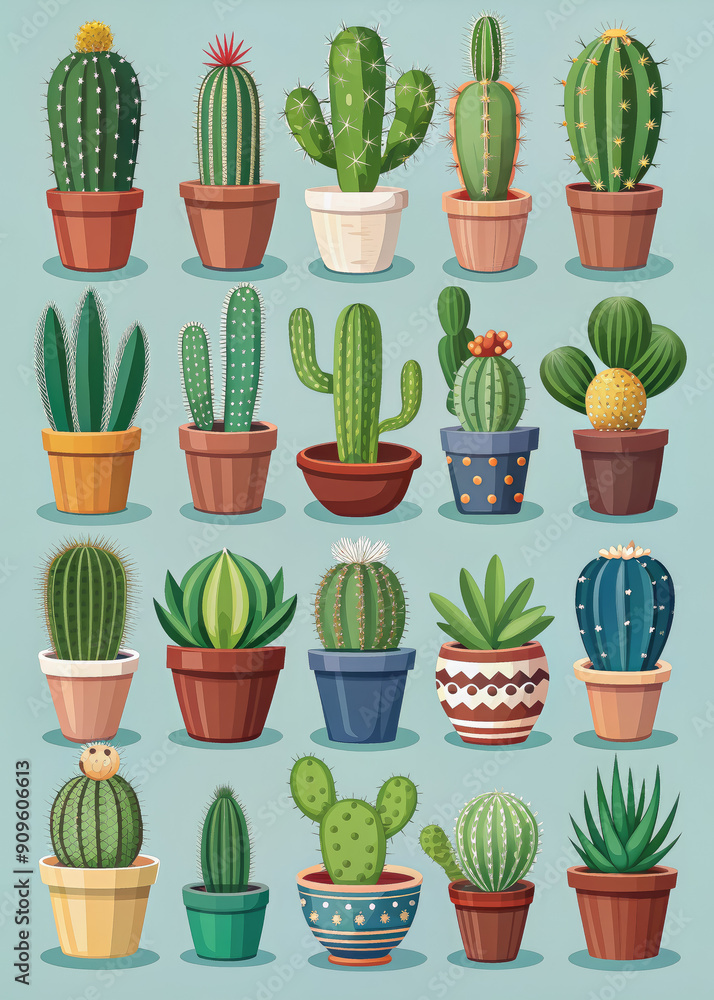 set of cacti in the pots on light colored background, succulent, houseplant, gardening, spines, illustration, cactus, botany, home interior, botanical, greenery, flowerpot, spiked, variety set of cacti in the pots on light colored background, succulent, houseplant, gardening, spines, illustration, cactus, botany, home interior, botanical, greenery, flowerpot, spiked, variety