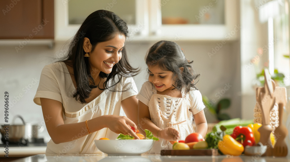 Indian mom and small daughter cooking together happily. Indian mom and small daughter cooking together happily.