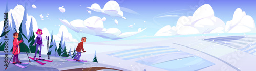 Teen boy and girl in winter clothes and ski equipment on high snowy mountain going to slide down slope. Cartoon vector cold season activity vacation landscape. Teenager tourist skiing downhill.