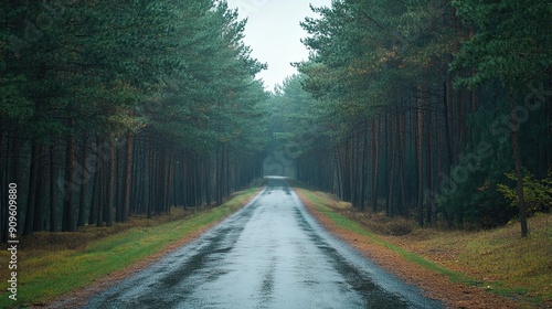 A Wet Road Through a Dense Pine Forest