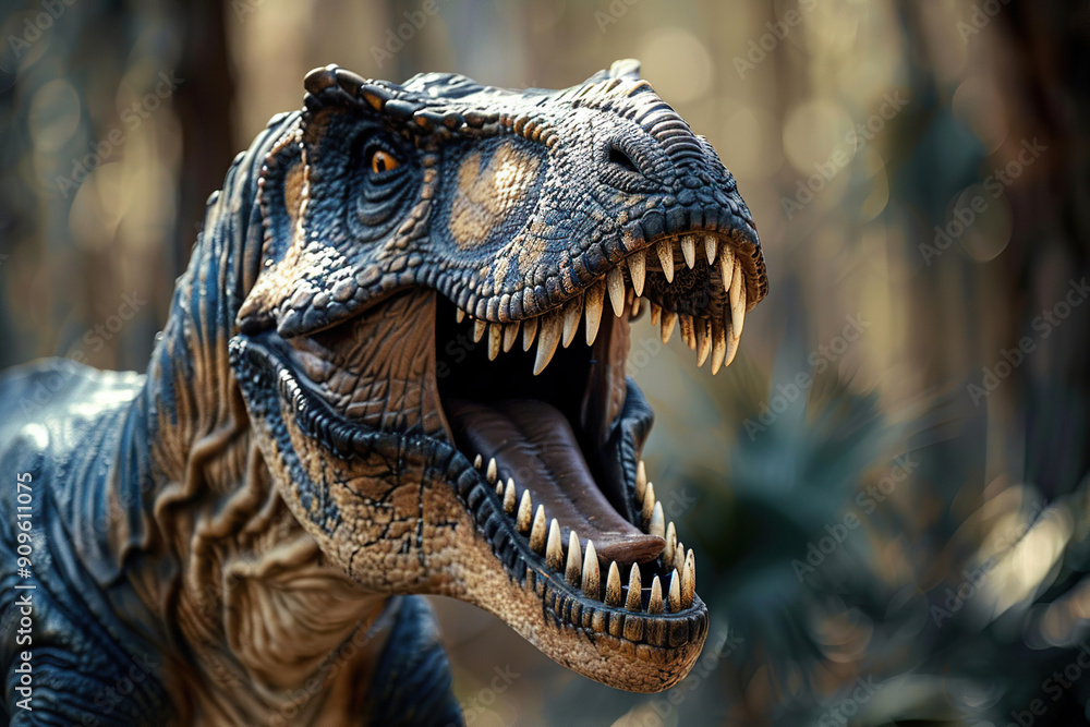 Generative ai on theme of big scary hungry dinosaur with kind eyes and sharp teeth destroying park Generative ai on theme of big scary hungry dinosaur with kind eyes and sharp teeth destroying park