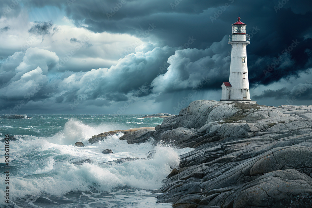 Generative ai on theme of large retro lighthouse with beam of bright light shining out to blue sea Generative ai on theme of large retro lighthouse with beam of bright light shining out to blue sea