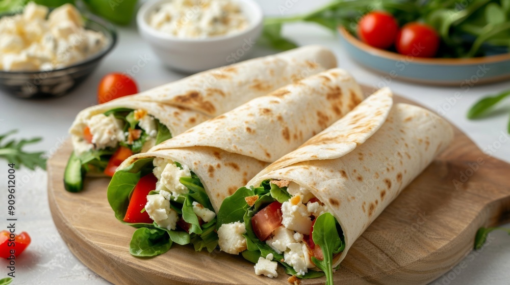 A delicious Mediterranean lunch featuring a feta cheese wrap filled with fresh greens and a high-protein focus, perfect for a nutritious and satisfying meal. A delicious Mediterranean lunch featuring a feta cheese wrap filled with fresh greens and a high-protein focus, perfect for a nutritious and satisfying meal.