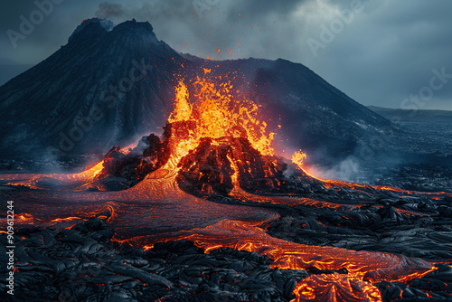 Generative ai on theme of erupting volcano with cascading hot lava surrounded thick white smoke