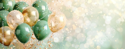Charming happy birthday card illustration featuring green and gold balloons tied with ribbons, set against a soft pastel backdrop, ideal for cheerful and heartwarming content