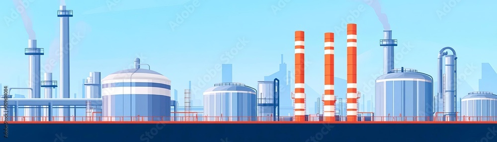 Obraz premium Chemical processing, storage tanks and pipelines, flat design illustration