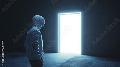 Blindfolded Person Stepping Toward a Glowing White Door with a Sense of Anticipation photo