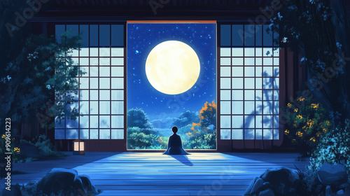 Elegant Traditional Japanese Bowing Gesture at a Shoji Door with a Calm Moonlit Garden photo