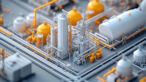 Chemical refining facility, complex piping and tanks, 3D Style illustration