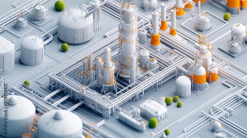 Chemical refining facility, complex piping and tanks, 3D Style illustration photo