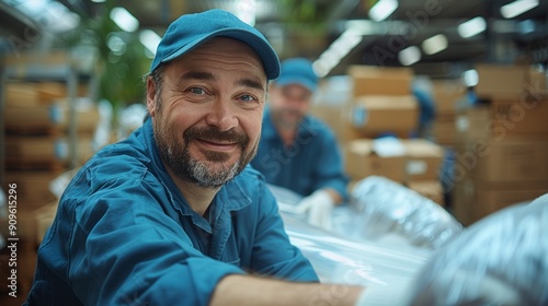 Smiling Warehouse Worker Engaged in Packing Activity During Bright Daytime Shift