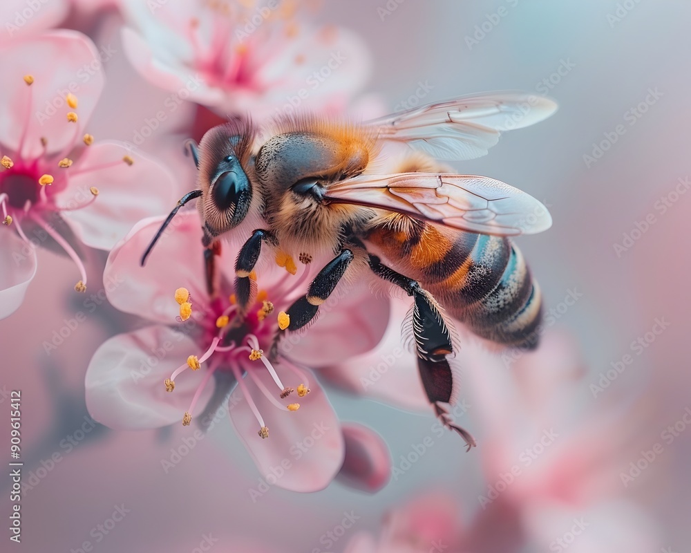 Honeybee Collecting Pollen from Vibrant Blooming Flowers in Macro Close up Honeybee Collecting Pollen from Vibrant Blooming Flowers in Macro Close up