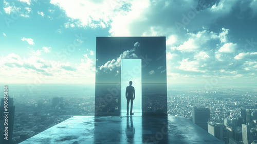 Business Professional in Suit Standing on Skyscraper Rooftop Facing Glass Door to the Sky photo