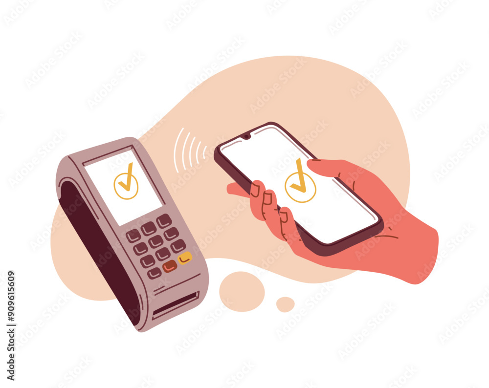 Fotografie A hand with a phone making a contactless payment using a terminal