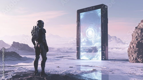 Sci-Fi Scene: Individual in Advanced Suit on an Empty Alien World Gazing at a Holographic Door photo