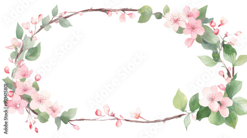 Watercolor painting. Pink floral frame with cherry blossoms, leaves and branches in spring design. Isolated. Transparent background.