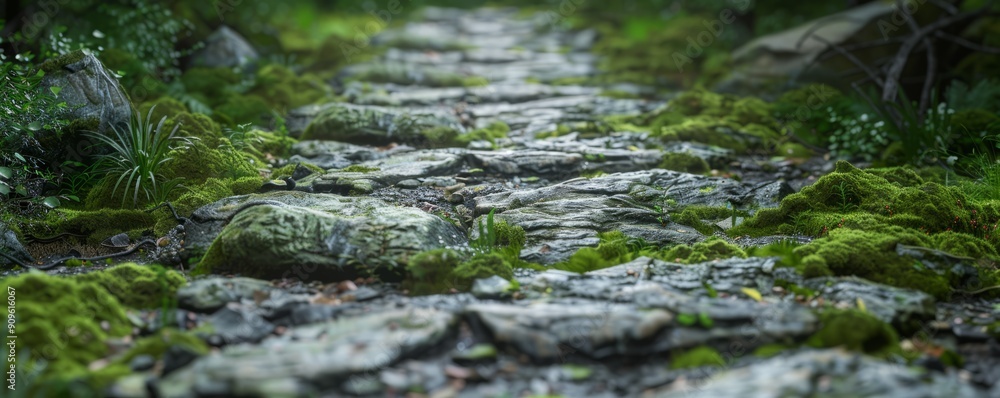 Textured stone pathway with moss, 4K hyperrealistic photo Textured stone pathway with moss, 4K hyperrealistic photo