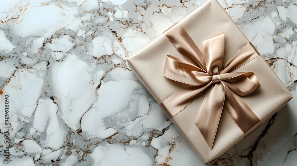 Elegant Beige Gift Box with Satin Ribbon Bow on Marble Background Elegant Beige Gift Box with Satin Ribbon Bow on Marble Background