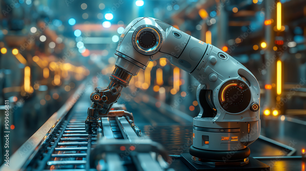 Industrial robot arm on factory conveyor belt Industrial robot arm on factory conveyor belt