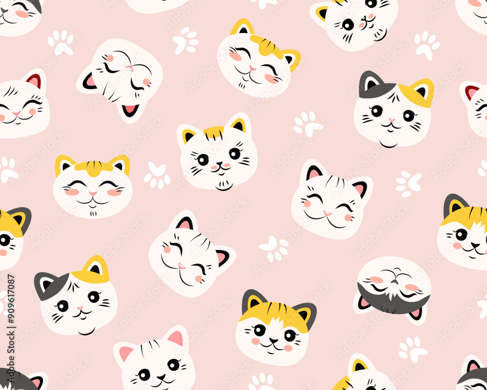 Cute cats seamless pattern. The animal's head is in a flat style. Suitable for printing on paper and fabric. Vector background. Cute cats seamless pattern. The animal's head is in a flat style. Suitable for printing on paper and fabric. Vector background.