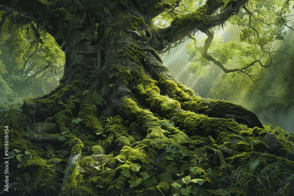 Ancient Tree Roots Covered in Lush Green Moss Ancient Tree Roots Covered in Lush Green Moss