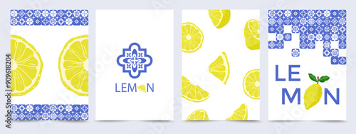 Blue tiles and lemon design templates collection. Lemons and Mediterranean tiles for background, card, invitation or poster in Coastal style. Vector illustration.