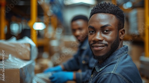 Two Workers Smiling While Packing Boxes in a Warehouse During Daylight Hours