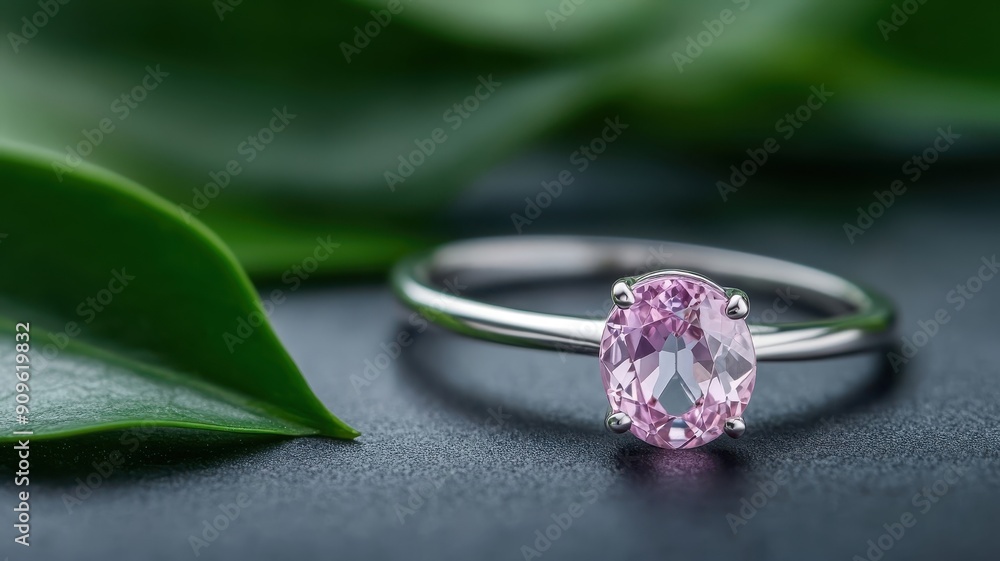Silver ring with pink sapphire in lush greenery, perfect for nature-inspired jewelry. Silver ring with pink sapphire in lush greenery, perfect for nature-inspired jewelry.
