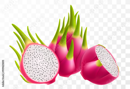 Dragon fruit. Fresh ripe Pitaya, cut pitahaya with white flesh and black seeds. Exotic dragon fruit isolated on transparent background. Summer tropical vitamin food. Realistic 3d vector illustration