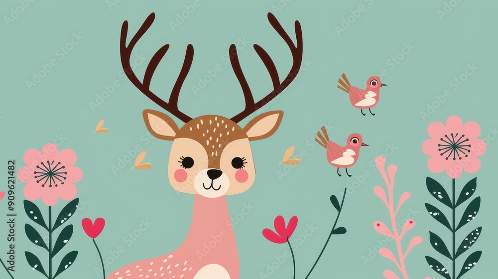 A serene scene showcasing a graceful deer near vibrant flowers and a bright redbreasted bird perched nearby. Natures beauty unfolds. A serene scene showcasing a graceful deer near vibrant flowers and a bright redbreasted bird perched nearby. Natures beauty unfolds.
