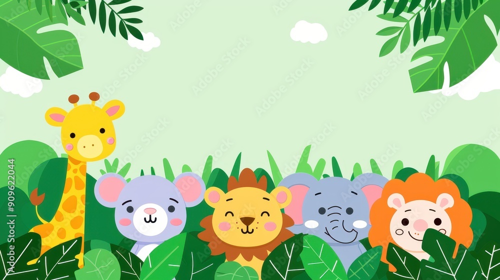 Naklejka premium Adorable jungle animals come together in a vibrant summer backdrop, perfect for a fun and cheerful vibe.