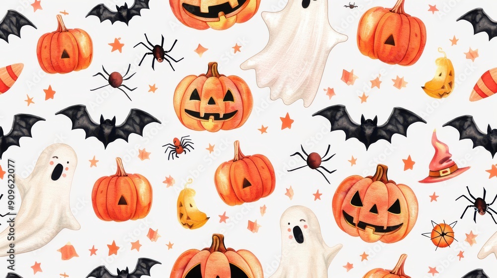 Adorn your space with a cute Halloween pattern featuring pumpkins, bats, ghosts, and spiders in vibrant watercolor style. Adorn your space with a cute Halloween pattern featuring pumpkins, bats, ghosts, and spiders in vibrant watercolor style.