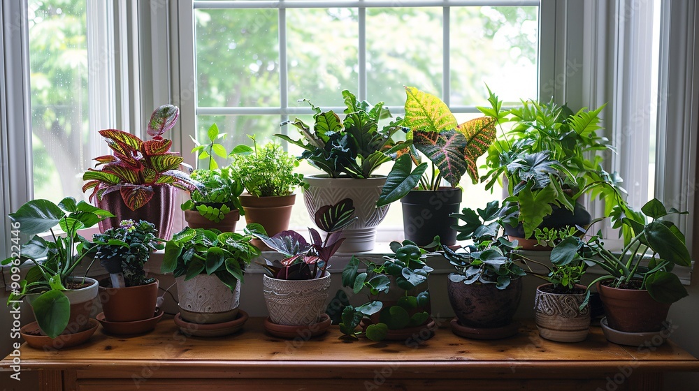 A selection of indoor plants in containers rests on a table beside the window, highlighting various species of ground-dwelling and blooming flora. A selection of indoor plants in containers rests on a table beside the window, highlighting various species of ground-dwelling and blooming flora.