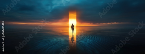 Ethereal Underwater World Featuring Solitary Figure Before Shimmering Portal with Tranquil Atmosphere photo