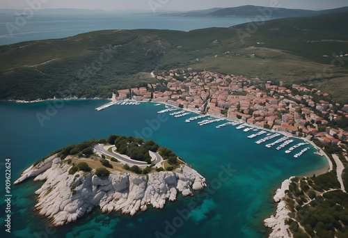 Island Punat aerial bay Kvarner Adriatic Kosljun Krk Croatia view Beach Summer Travel Nature House Landscape Building Sea Green Architecture Ocean Street Vacation Stone E photo