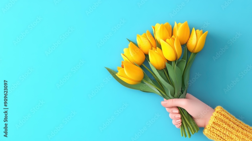 Fototapeta premium A hand cradles a vibrant bouquet of yellow tulips, perfect for celebrating love and femininity this spring.