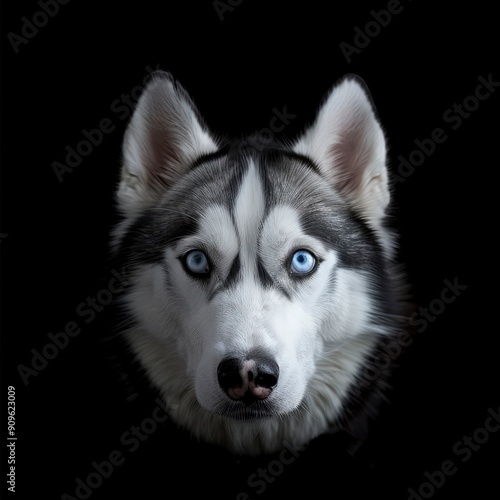 Close-up Head of peeking Siberian Husky Dog with blue eyes on Isolated Black Background, Front view ,reaslistic,hd, copy space with generative ai