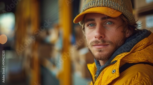 Young Man Wearing Yellow Jacket and Hat Posing Outside Urban Warehouse in Early Morning Light