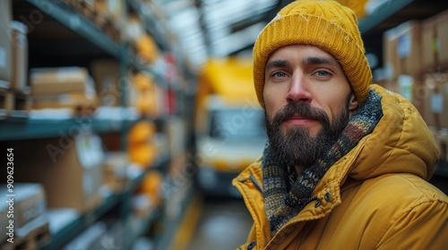 Man With Beard Wearing Yellow Hat in Warehouse Aisle Surrounded by Boxes