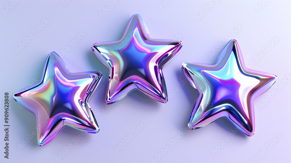 Sleek metallic 3D star set with silver and iridescent purple shapes for a futuristic and retro 90s aesthetic. Sleek metallic 3D star set with silver and iridescent purple shapes for a futuristic and retro 90s aesthetic.