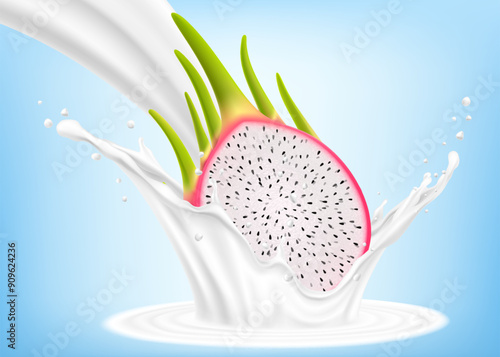 Exotic, tropical Dragon fruit in splash of yogurt or milk, cocktail splash and drops, Milkshake splash with pitaya or pitahaya. Realistic 3d vector illustration