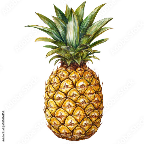 A detailed illustration of a fresh pineapple featuring its textured skin and vibrant green leaves on top, showcasing its tropical appearance